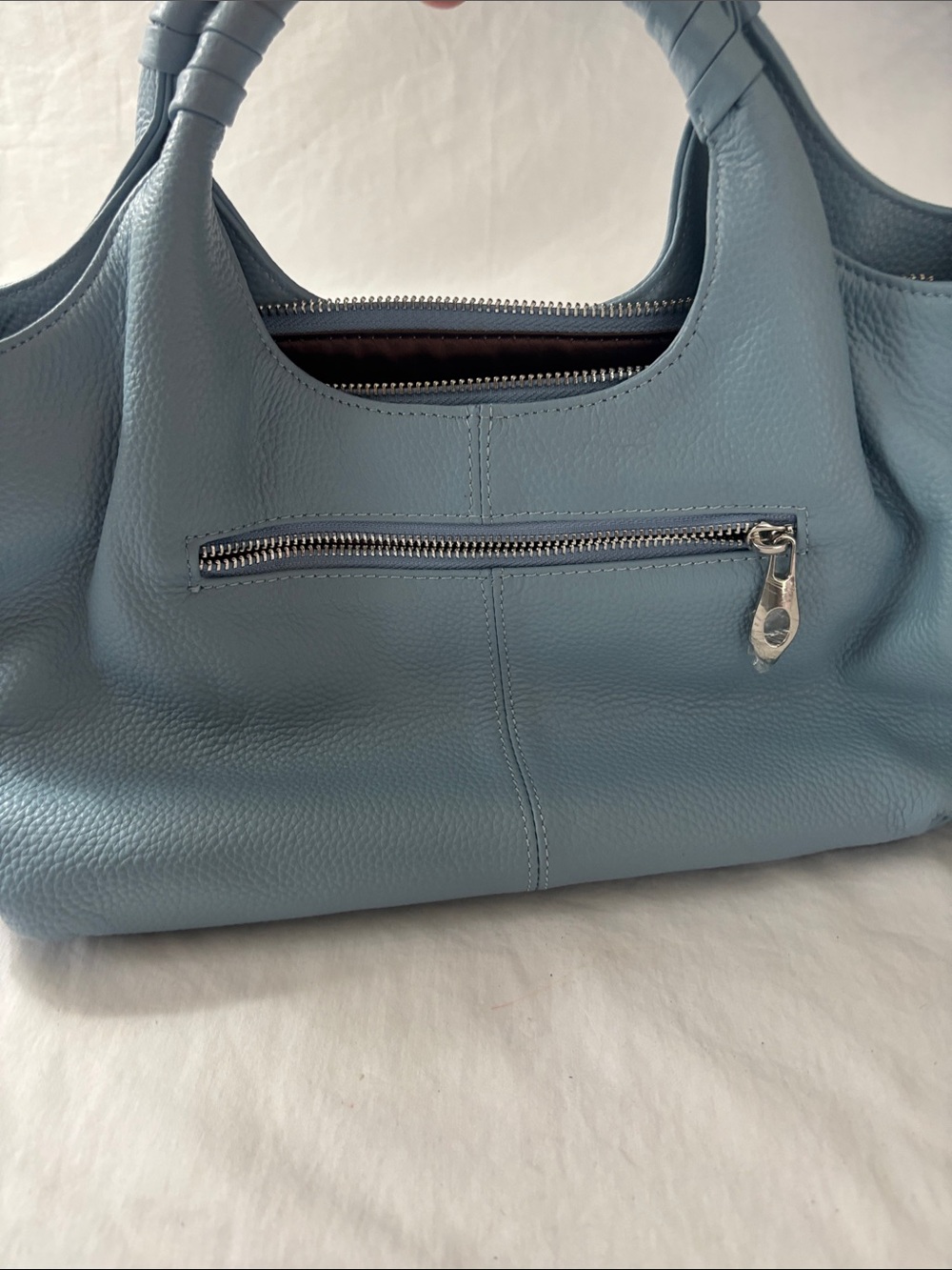 Soft Pebbled Leather Tote Bag in Dusty Blue Brand Is Iswee.